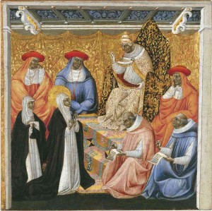 La Santa ante el Papa en Aviñón. Tabla gótica de Giovanni di Paolo (ca.1460-63). Museo Thyssen-Bornemisza, Madrid (España).