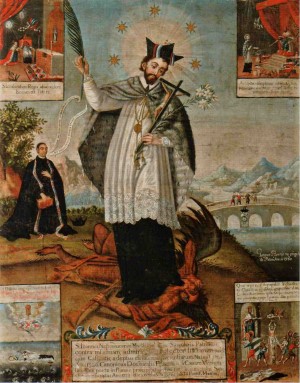 Óleo barroco del Santo, con su principal iconografía y escenas de su leyenda. Museo de Arte de Filadelfia, Estados Unidos.