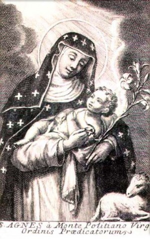 "Santa Inés del Monte Policiano, virgen de la Orden de Predicadores". Grabado barroco para una serie de santos dominicos.