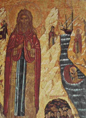 Detalle de un icono ortodoxo de San Juan Xenos, donde se le ve cruzando las aguas sobre su manto.