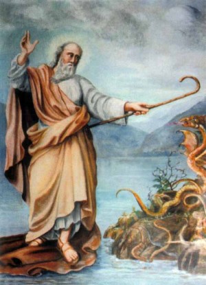 San Julio de Novara navegando sobre su manto en la isla de Orta. Ilustración contemporánea.
