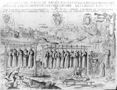 Ejecución de los mártires de Gorkum, Holanda. Grabado español de 1580. Fuente: Bridgeman Art Library, colección privada.