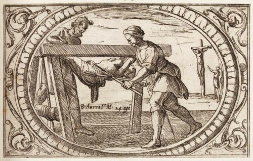 La Santa, torturada y desgarrada en el potro, y después crucificada (??). Grabado de Antonio Tempesta. Istituto Nazionale dell'Arte Grafica, Roma (Italia).