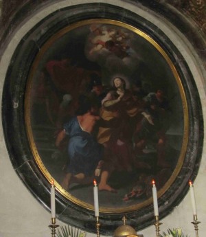 La Santa, con la soga al cuello, es arrastrada del tribunal de Ulpio al mar. Lienzo de Andrea Sacchi, Catedral de Santa Áurea, Ostia (Italia).
