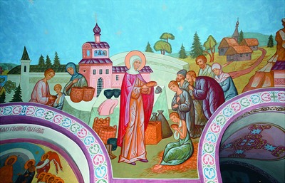 La Santa distribuyendo su comida entre los pobres. Fresco ortodoxo en el convento de la Trinidad de Murom, Rusia.