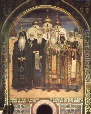 Fresco ortodoxo ucraniano representando a Santos jerarcas ortodoxos. Catedral de Volodmyrys, Ucrania,