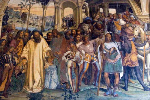 San Benito recibe a Mauro y a Plácido en Subiaco, por Giovanni Antonio Sodoma, Abadía de Monte Oliveto.