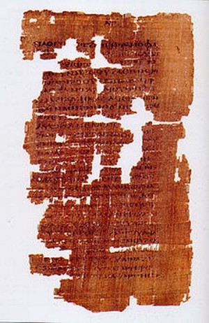 Una página del Códice Tchacos del Evangelio de Judas Iscariote, encontrado en 1970 y datado de mediados del siglo IV DC. El original, de la época de Ireneo de Lyon, está perdido.