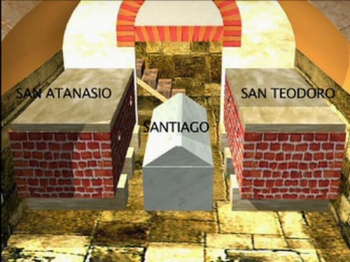 Diseño virtual de lo que pudo haber sido la cámara sepulcral de Santiago y sus dos discípulos en la primitiva iglesia.