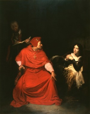 Juana de Arco, enferma, es interrogada en su celda por el cardenal de Winchester. Óleo de Paul Delaroche (1824), Museo de Bellas Artes de Rouen, Francia.