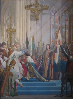 Coronación del rey Carlos VII en Reims. Óleo historicista de Jules Eugène Lenepveu (1889). Panteón de París, Francia.