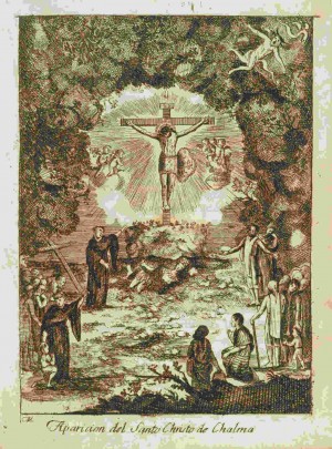 Aparición de la imagen del Señor de Chalma en la cueva donde se adoraba a la deidad Oztotéotl, grabado del siglo XVIII.