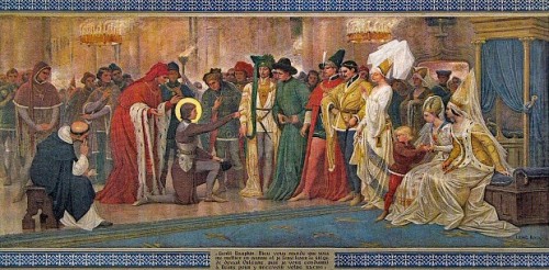 Juana de Arco reconoce al Delfín, quien se había camuflado entre los cortesanos para probar que era enviada de Dios. Pintura historicista del siglo XIX.
