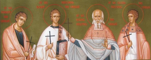 Icono ortodoxo rumano de los Santos Donato, Venustro, Rómulo y Silvano, mártires. Pintado por las monjas del monasterio Diaconesti, Rumanía.