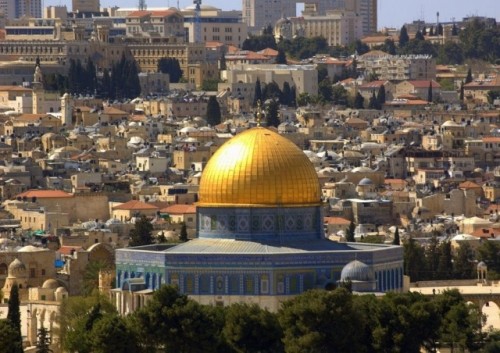 Detalle de la mezquita de la Roca en la panorámica de Jerusalén (Israel).