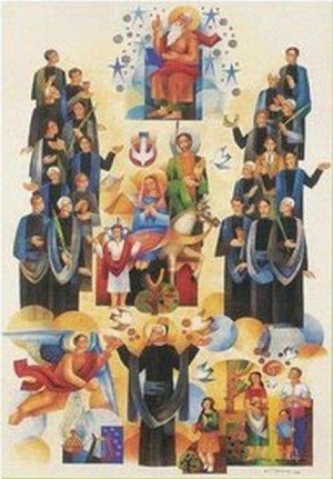 Ilustración contemporánea de los Beatos, junto a la Sagrada Familia y al fundador, San José Manyanet.