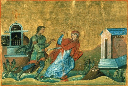 Martirio de la Santa. Iluminación del Menologio de Basilio II (s.X). Biblioteca Apostólica Vaticana, Roma (Italia).