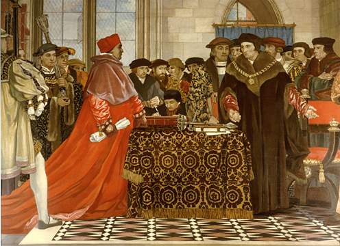 Detalle de "Tomás Moro defendiendo la libertad de la Cámara de los Comunes" ante el cardenal Wolsey. Óleo de Vivian Forbes, (1927), St Stephen’s Hall, Parlamento Inglés, Londres (Inglaterra).