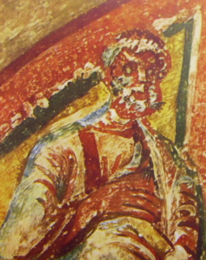 Detalle de San Pedro apóstol en un fresco paleocristiano de las catacumbas de Domitila, Roma (Italia).