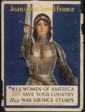 Hasta día de hoy, Juana de Arco sigue siendo una figura referente con un simbolismo heroico muy particular. Cartel americano de la II Guerra Mundial.