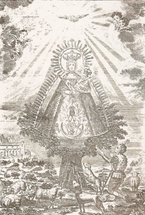 Estampa de la verdadera y prodigiosa imagen de la Virgen, la más difundida, en la que se muestra el milagro de la aparición. Grabado del siglo XIX.