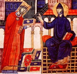 El Abad Desiderio de Montecasino, Papa Víctor III, recibe la bendición de San Benito. Codex Vaticanus Latinus, siglo XI.