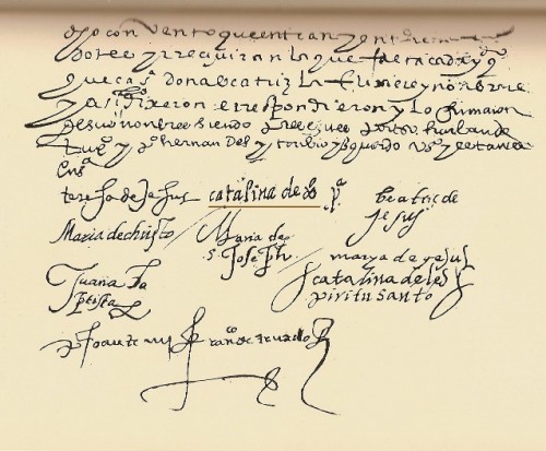 Firma de la Madre Catalina ( subrayada), que es la primera firma de la Venerable como priora del convento de Soria, fundado el 14 de agosto de 1581.