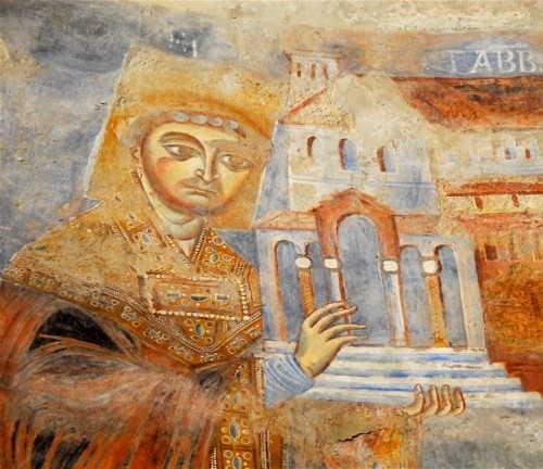 El abad Desiderio de Montecasino ofrece el modelo del monasterio, detalle de un fresco de Sant´Angelo in Formis, Capua, siglo XI.