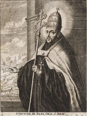 El papa Beato Víctor III en un antiguo grabado. Abajo aparece la S. de Santo debido al culto antiquisimo que entre los benedictinos se le ha tenido y que fue confirmado por León XIII.