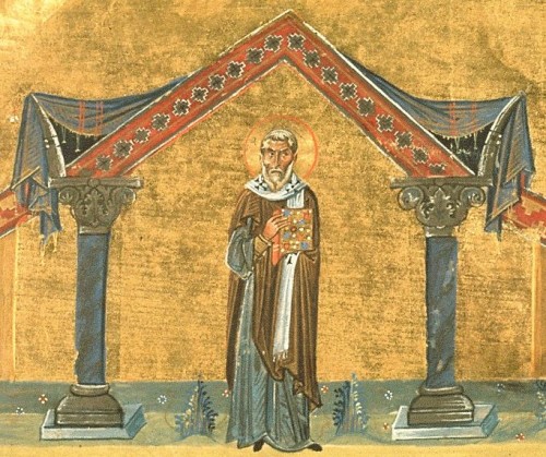 Iluminación de San Agatón en el Menologio de Basilio II, s. X. Biblioteca Apostólica Vaticana, Roma (Italia).
