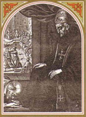 Grabado barroco de San Agatón con insignias pontificias y cogulla monástica. Al fondo se aprecia una sesión del III Concilio de Constantinopla.