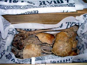 Vista de las reliquias de Santa Eufrosina, religiosa mártir de Karyes. Se aprecia la rubefacción de los huesos, lo que confirma la muerte por fuego.
