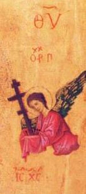Detalle del arcángel Gabriel en el icono de la Panagia de la Pasión.