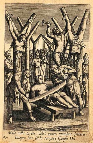 Martirio de Santa Tárbula y compañeras. Grabado de Adriaen Collaert (1608) para Triumphus Jesu Christi Crucifixi, del P. Bartolomeo Ricci SJ. Kirishitan Bunko, Sophia University, Tokyo, Japón.