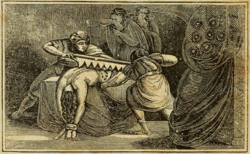 Martirio de la Santa en presencia de sus dos compañeras. Grabado de 1830 para una edición del Libro de los Mártires de John Foxe.