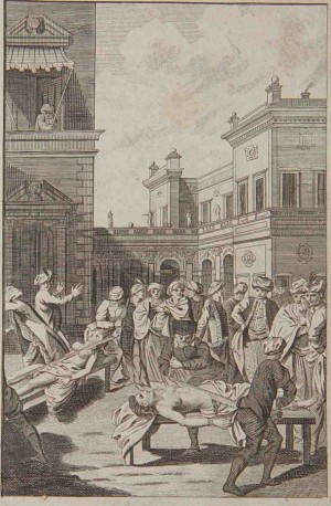 Martirio de Santa Tárbula y su hermana. Grabado de Alexander Hogg. (c. 1780). Wellcome Library, Londres, Reino Unido.