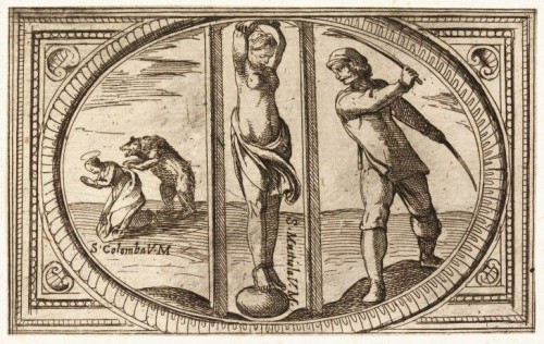 Martirio de Santa Mustiola (al fondo, martirio de Santa Columba). Grabado de Antonio Tempesta para "Immagini de molte sante vergini romane nel martirio", Istituto Nazionale dell'Arte Grafica, Roma (Italia).