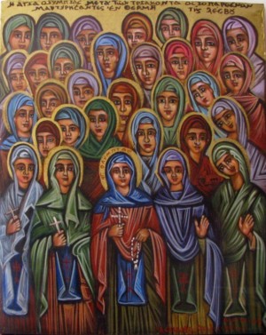 Icono ortodoxo griego de las Neomártires de Karyes. Tan sólo la abadesa, Santa Olimpia, lleva su nombre inscrito en el halo.