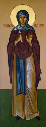 Detalle de Santa Olimpia, egumena mártir de Karyes, en un icono ortodoxo americano obra del iconógrafo Dmitry Shkolnik.