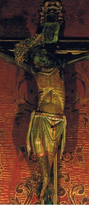 Vista completa del Cristo del Carmen, antes de su restauración en 2006. Capilla de la Comunión, Colegiata de Xàtiva, Valencia (España).