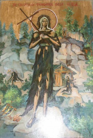 Icono ortodoxo rumano de la Santa, ya anciana y con el hábito desgarrado tras años de penitencias y vida en un entorno agreste.