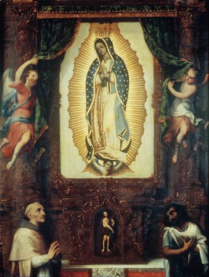 Nuestra Señora de Guadalupe con fray Juan de Zumarraga, San Juan Bautista y San Juan Diego, óleo de Miguel Cabrera.