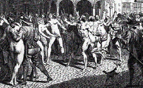 Grabado barroco de un grupo de adamitas siendo rodeados por hombres armados.