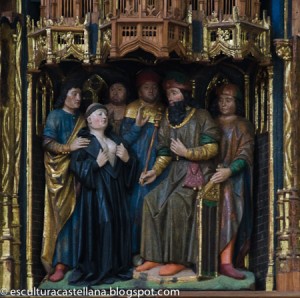 Eugenia muestra los pechos ante el tribunal de su padre para probar que es una mujer. Detalle del retablo de la Santa en Astudillo, Palencia (España). Fuente: www.esculturacastellana@blogspot.com.