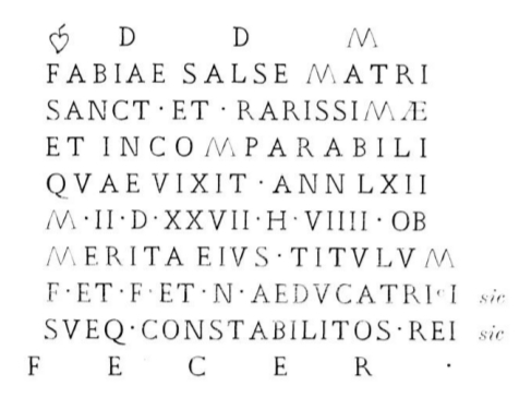 Detalle de la transcripción a capital romana de la inscripción romana. Las iniciales DDMM ("Dies Manibus"), referencia a los dioses Manes -dioses romanos de los muertos- prueba que Fabia Salsa era pagana.