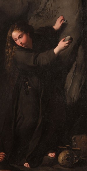 Detalle de la Santa grabando en la pared de la gruta su inscripción identificatoria. Lienzo de Pietro Novelli "Il Monrealese".