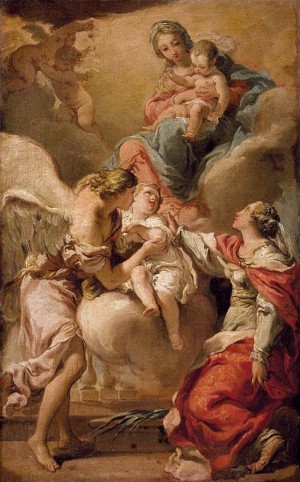"El Ángel Custodio y Santa Justina encomiendan el alma de un niño a la Virgen", lienzo de Gaetano Gandolfi (1792-93). Colección privada.