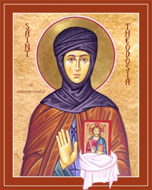 Icono ortodoxo americano de la Santa, portando el icono del Salvador cuyo rescate fue causa de su martirio. Monasterio de la Santa Dormición de Cumberland, California (EEUU).