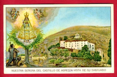 Estampa de la aparición -la imagen se muestra vestida, con los añadidos de época barroca- y panorámica del Santuario.