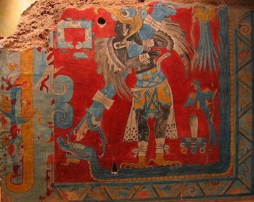 El dios alado del maíz adorado en el sitio arqueólogico de Cacaxtla en el municipio de Nativitas, Tlaxcala, cercano al Santuario de San Miguel.